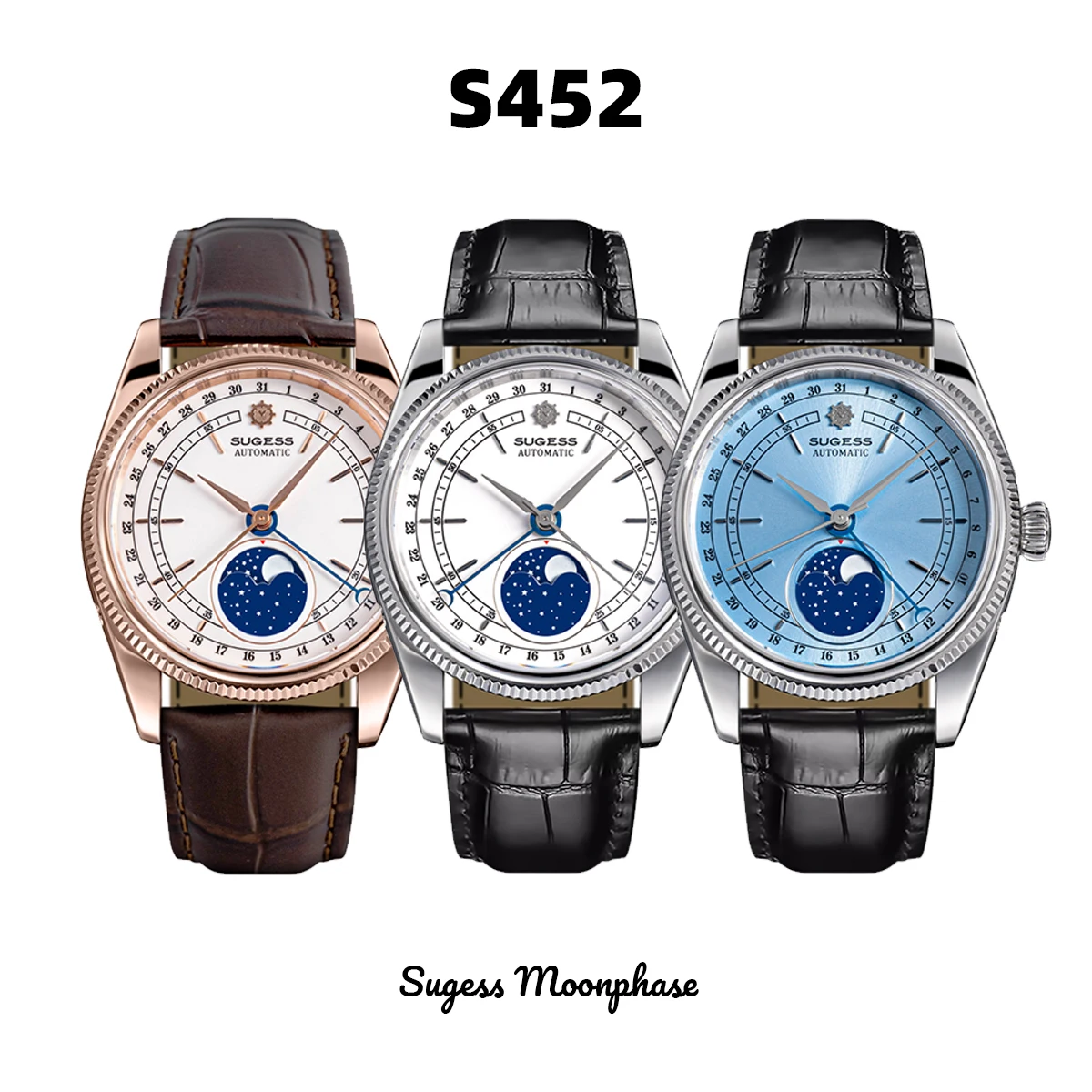 Sugess 40mm Mens Watch Automatic Mechanical Original ST2108 Movement MoonPhase Water Resistant Wristwatches Sapphire Crystal New