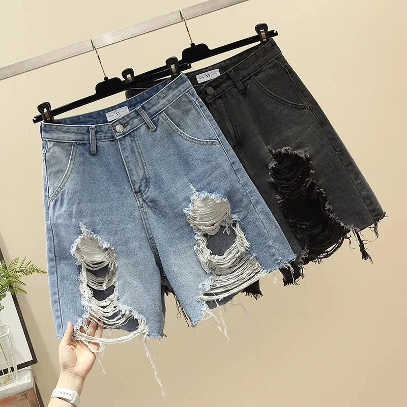 Oversized 5xl Distressed Raw edge Denim Shorts For Women's Summer Slim Thin Hot Pants Ladies Washed Vintage Loose Casual Jeans