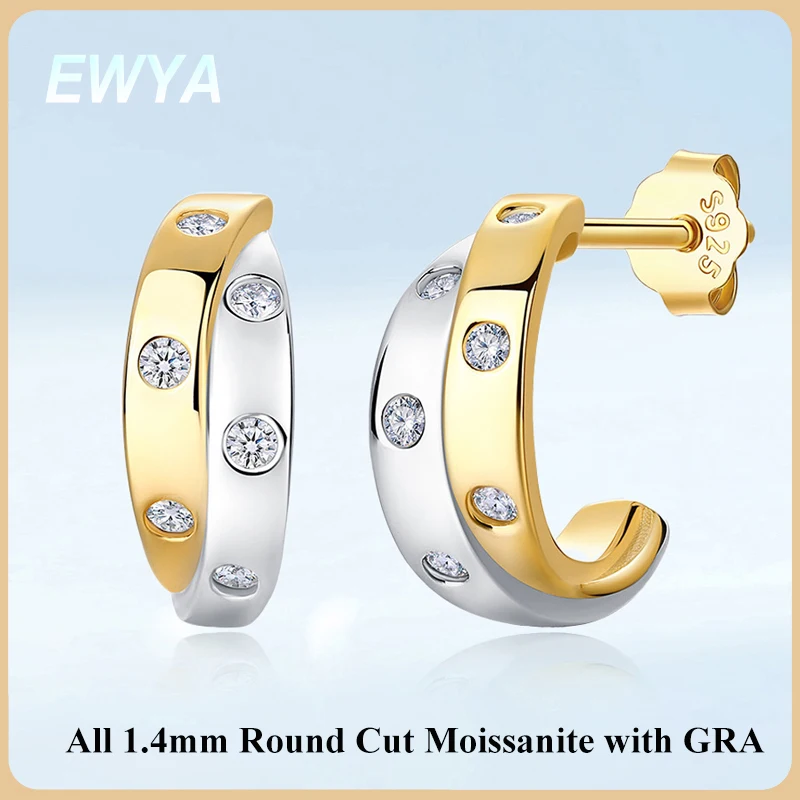 EWYA Two Tone Moissanite Huggie Hoop Earrings Women 925 Silver Wide C Shape Half Circle Piercing Stud Earring Minimalist Jewelry