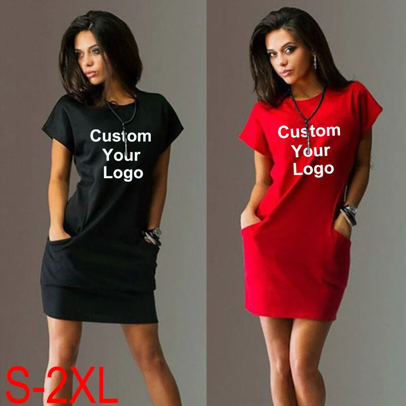 

Summer Custom Your Logo Short-sleeved Dress Ladies Slim Dress Round Neck Bag Hip Dress