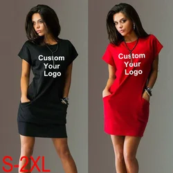 Summer Custom Your Logo Short-sleeved Dress Ladies Slim Dress Round Neck Bag Hip Dress