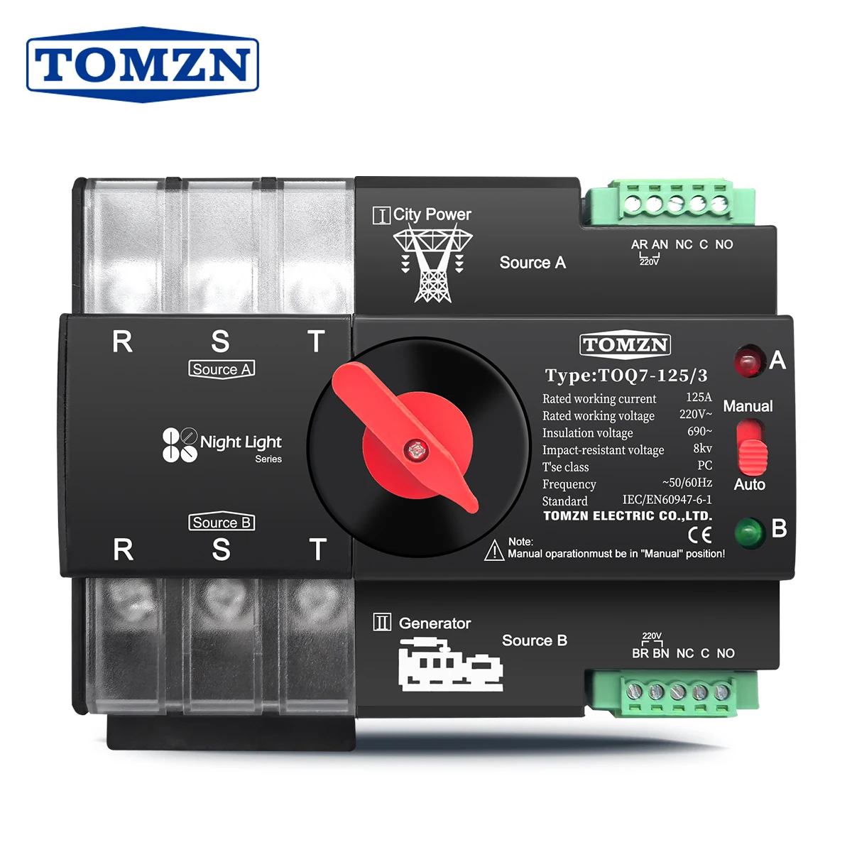 TOMZN Din Rail 3 phase ATS 3P 63A 100A 125A 220V 230V Dual Power Automatic Transfer Electrical Selector Switch Uninterrupted