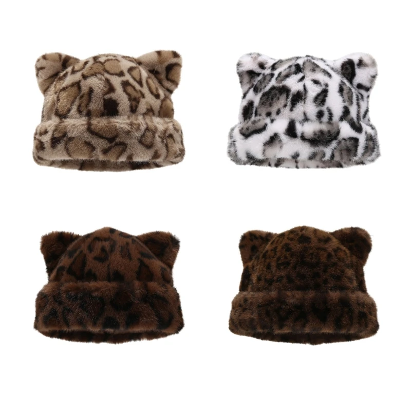 Warm Ushanka Bear Hat with Ear Furry Caps Cartoon Ear Hat Leopard Print Winter Plush Hat for Casual Wear