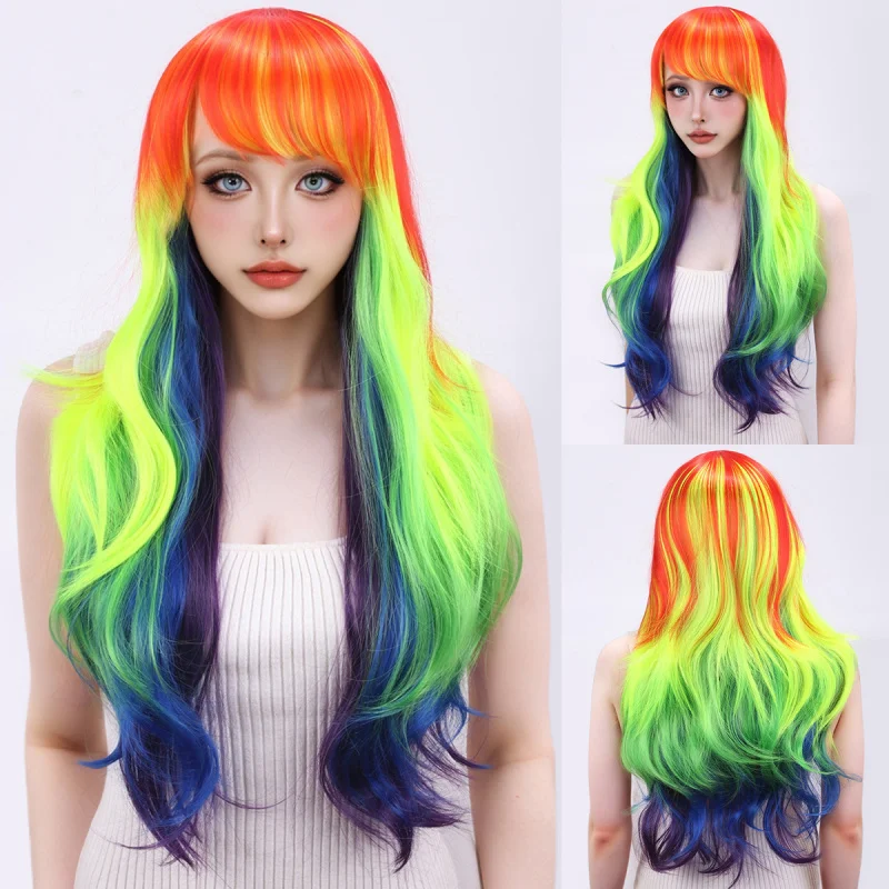 European and American style colorful gradient anime cosplay , little pony rainbow-colored long curly hair wig for women