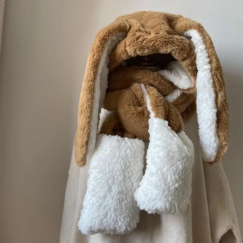 

Женская плюшевая шапка с длинными ушами в виде кролика 3 в 1, шарф, перчатки, шляпа без полей, варежки с карманами для зимы, для