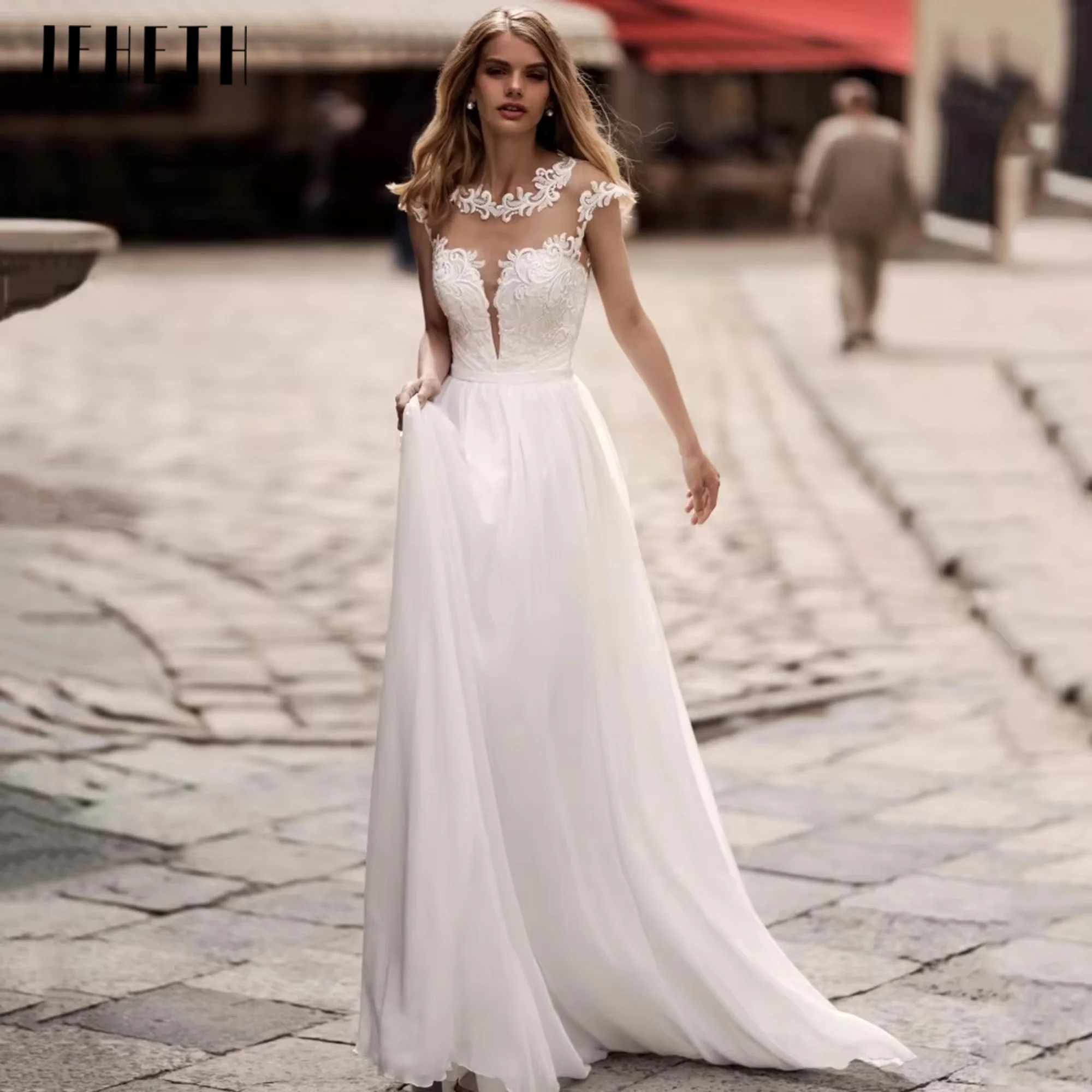 

JEHETH Boho A Line Wedding Dresses O Neck Appliques Bride Dress Illusion Cap Sleeve Button Bridal Gowns New Vestidos Customized