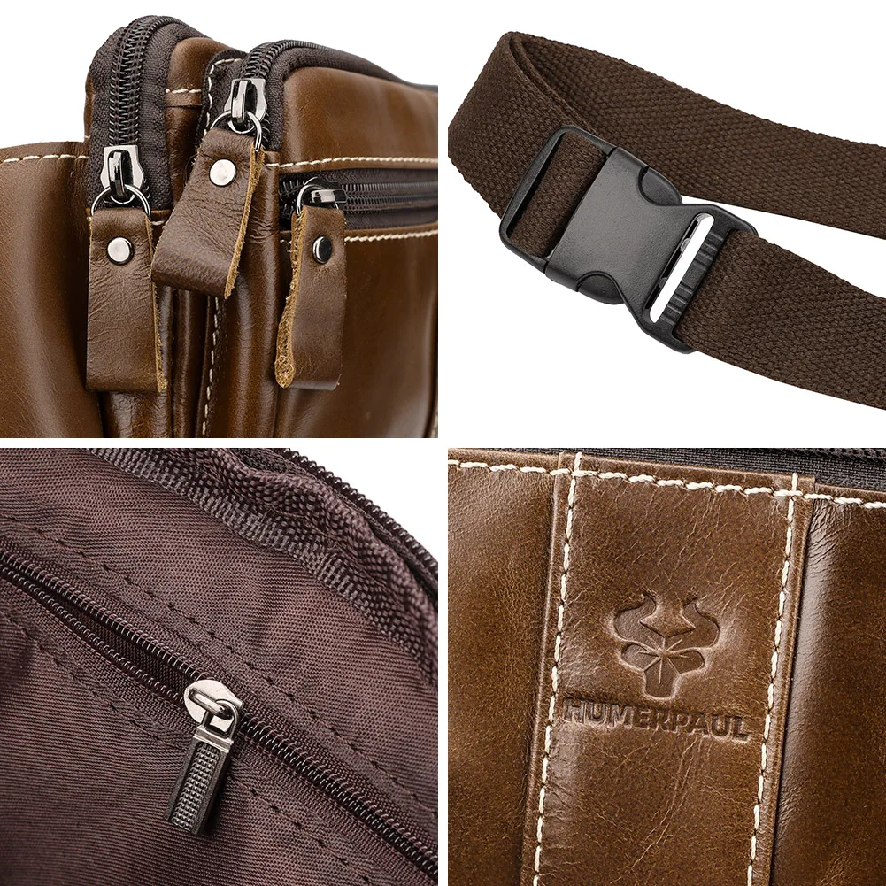 HUMERPAUL Genuine Leather Men\'s Waist Bag Classic Travel Fanny Chest Pack Multifunction Outdoor Storage Mobile Phone Bag