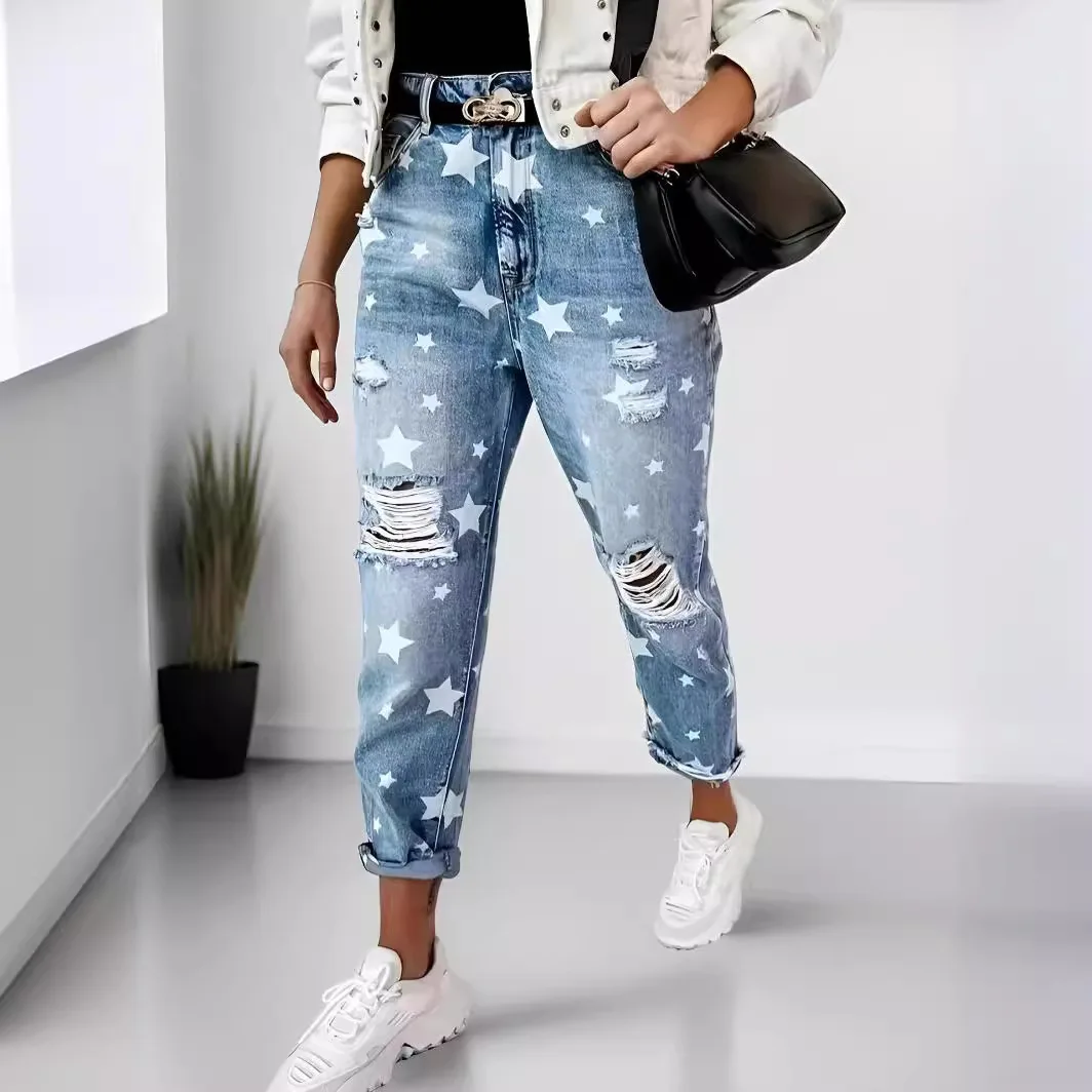 Jeans Denim Holes Ripped Washed Jean Ankle Length Straight Pants Women Spliced Pockets Loose Fit Casual 2025 Distressed
