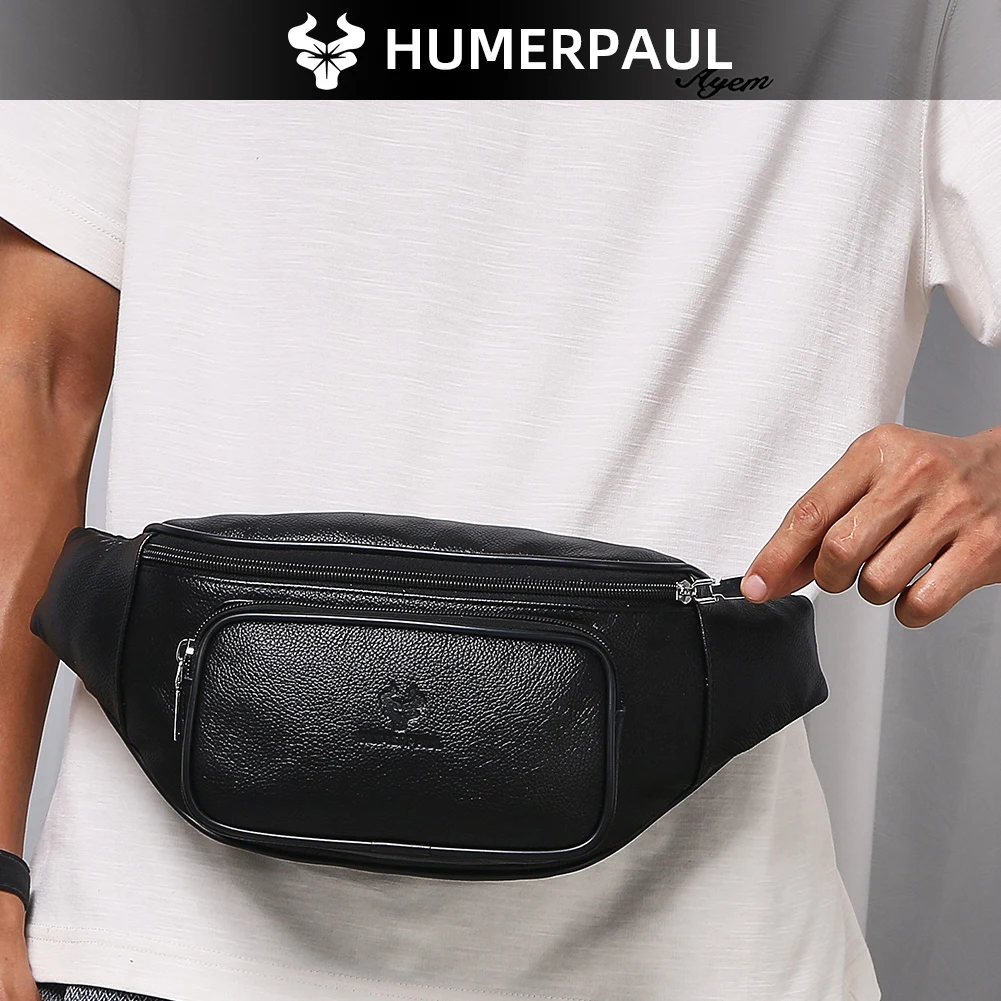 HUMERPAUL Cowhide Men's Waist Bag Casual Fanny Pack Chest Bag for Phone and Credit Card Travel Outdoor Adjustable Strap Belt Bag