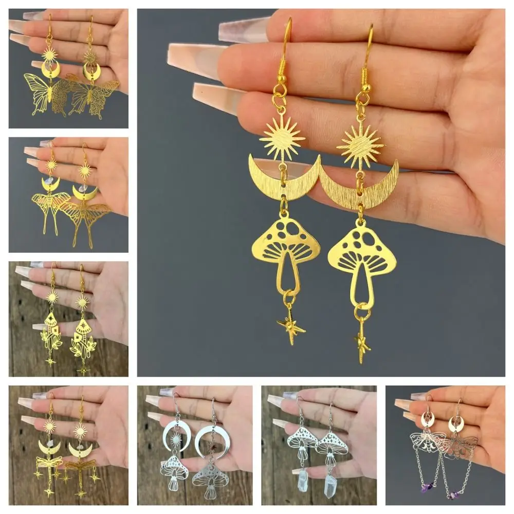 Glitter Sparkling Earrings Mushroom Sun Moon Star Exaggerate Dangle Earrings Gold Silver Super Long Tassel Earrings Studs Girls