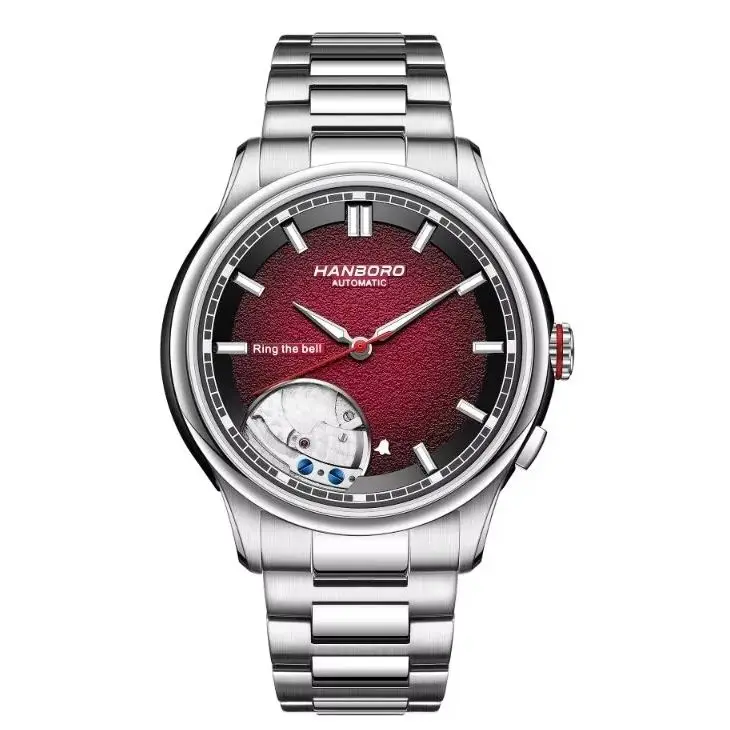 HANBORO Men Automatic Watch 41.5mm Alarm Mechanical Wristwatch Waterproof Sapphire Mirror Luminous Ring The Bell Miyota 9015