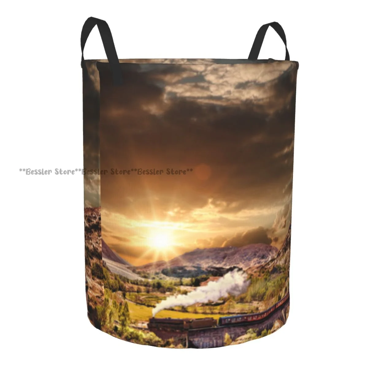 Foldable Laundry Basket for Dirty Clothes Wizard Express Famous Train Glenfinnan Railway Viaduct Scotland Sunset Storage Hamper