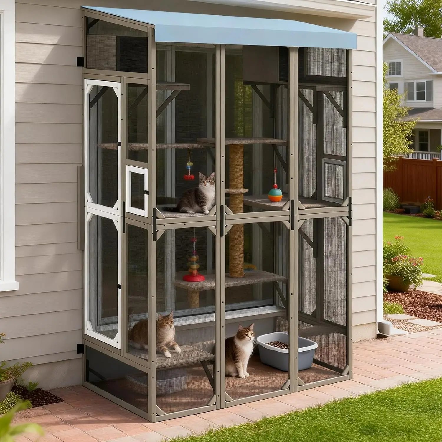 Multi-Level Platforms, Scratching Post & Weatherproof Roof, Wooden Outdoor Catio for Multiple Pets
