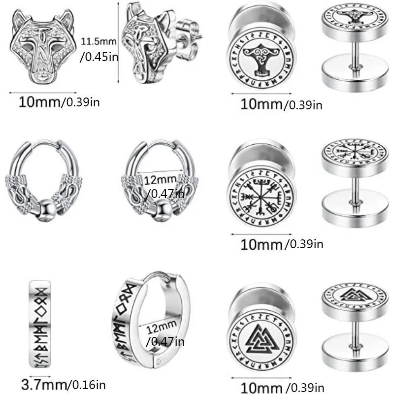 Ensemble de boucles d'oreilles rondes en acier inoxydable pour hommes et femmes, bijoux piercing, cartilage, 147 us, hélice, viking, rune, SION L, 18g, 1 paire, 6 paires