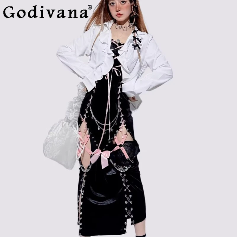 

Spring Autumn Elegant Women Black V-Neck Lace Up Suspender Dress Goth Punk Lace Sexy Bow Hollow Out Leisure Sleeveless Dresses