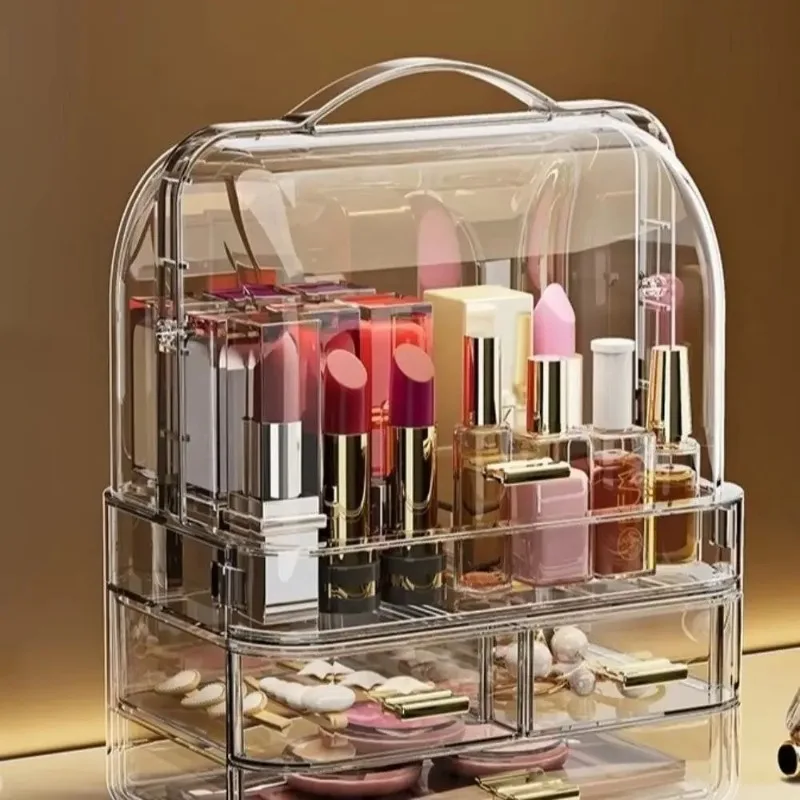 Drawer Style Cosmetics Storage Box with Lid and Handle Dustproof Makeup Storage Rack Clear Desktop Organizer view 2