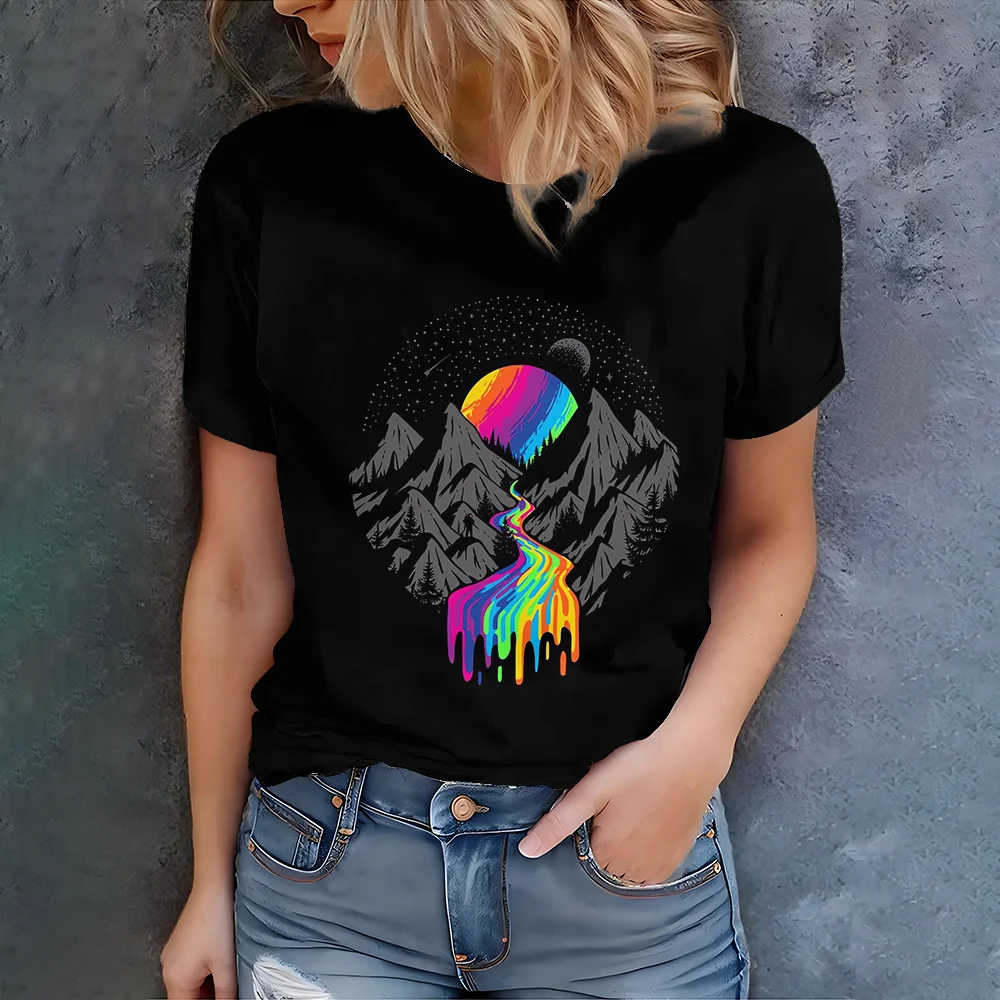 

Women's Black Casual Short Sleeve T-Shirt With Rainbow Mountain Graphic Design - Summer Fashion Top For Daily Wear