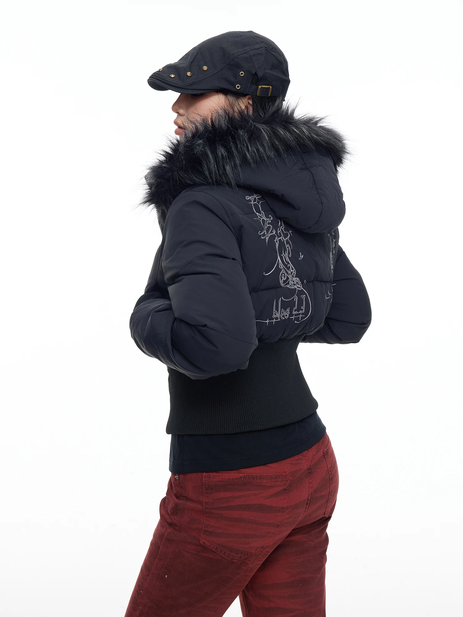 

American Gothic Embroidery Hooded ort Thiened Cotton Jaet Women's Sle 2025 New Slimming Warmth Coat with Fur Collar