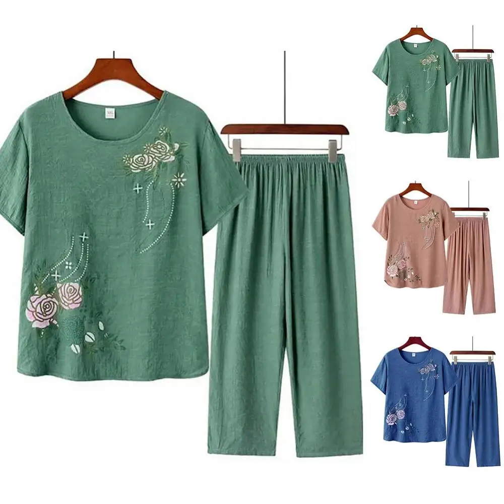 Tenue de maison à imprimé floral pour femme d'âge moyen et titane, t-shirt à manches courtes pour mère, costume ample en coton et lin, costume 2 pièces