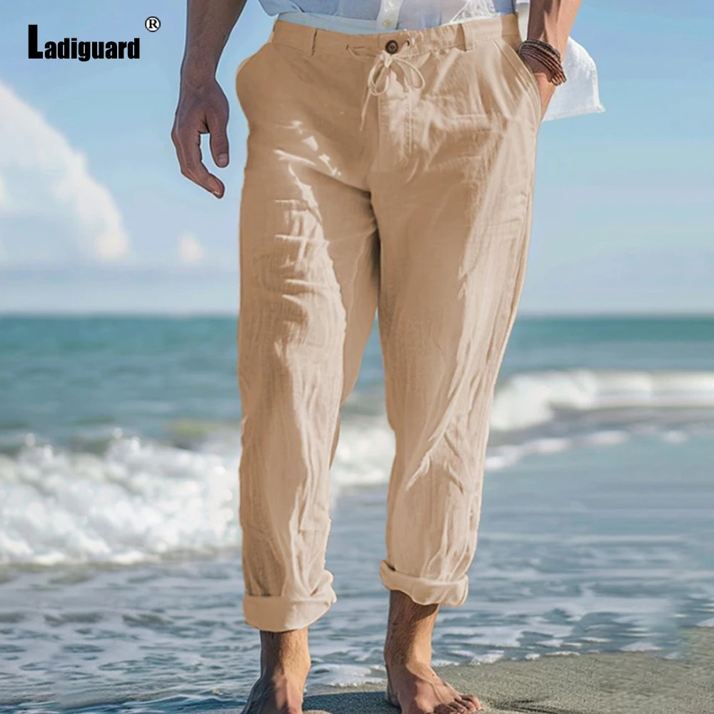 2025 Men Casual Beach Bloomers Stand Pocket Pants Plus Size 3xl Mens Ankle-Length Pants Solid White Black Soft Linen Trouser New