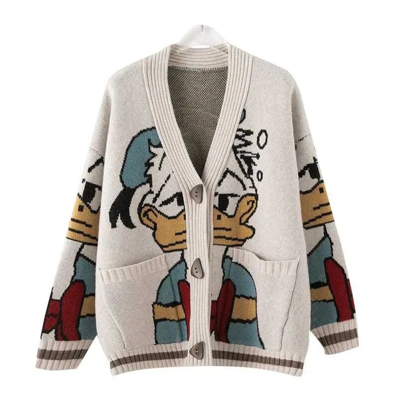 

Disney Donald Duck Jacquard Sweater Women's Cartoon Anime Patterns Spring and AutumnLoose Knitted Cardigan Casual Top Gift