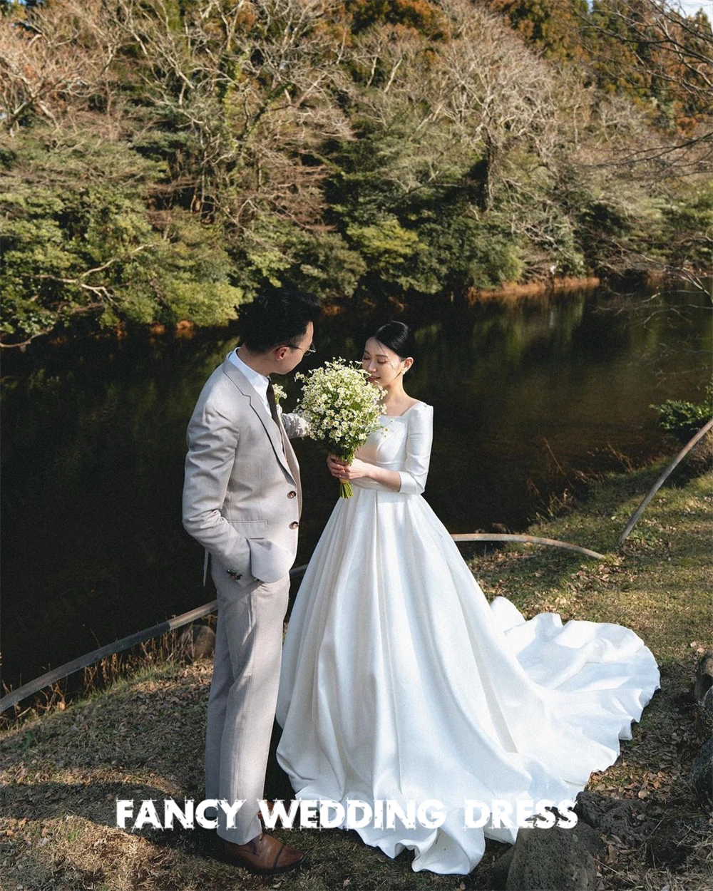 Vestido de novia con cuello cuadrado encantador y elegante, sesión de fotos de Corea, línea A, vestido de novia de siete mangas, corsé trasero con tren de barrido personalizado