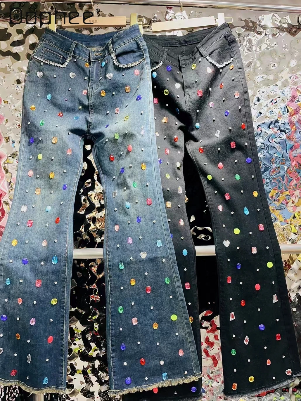 Colored Rhinestone Denim Pants Women Heavy Industry Trendy High Waist Slim Flared Trousers Jeans Blue Black Spring Autumn