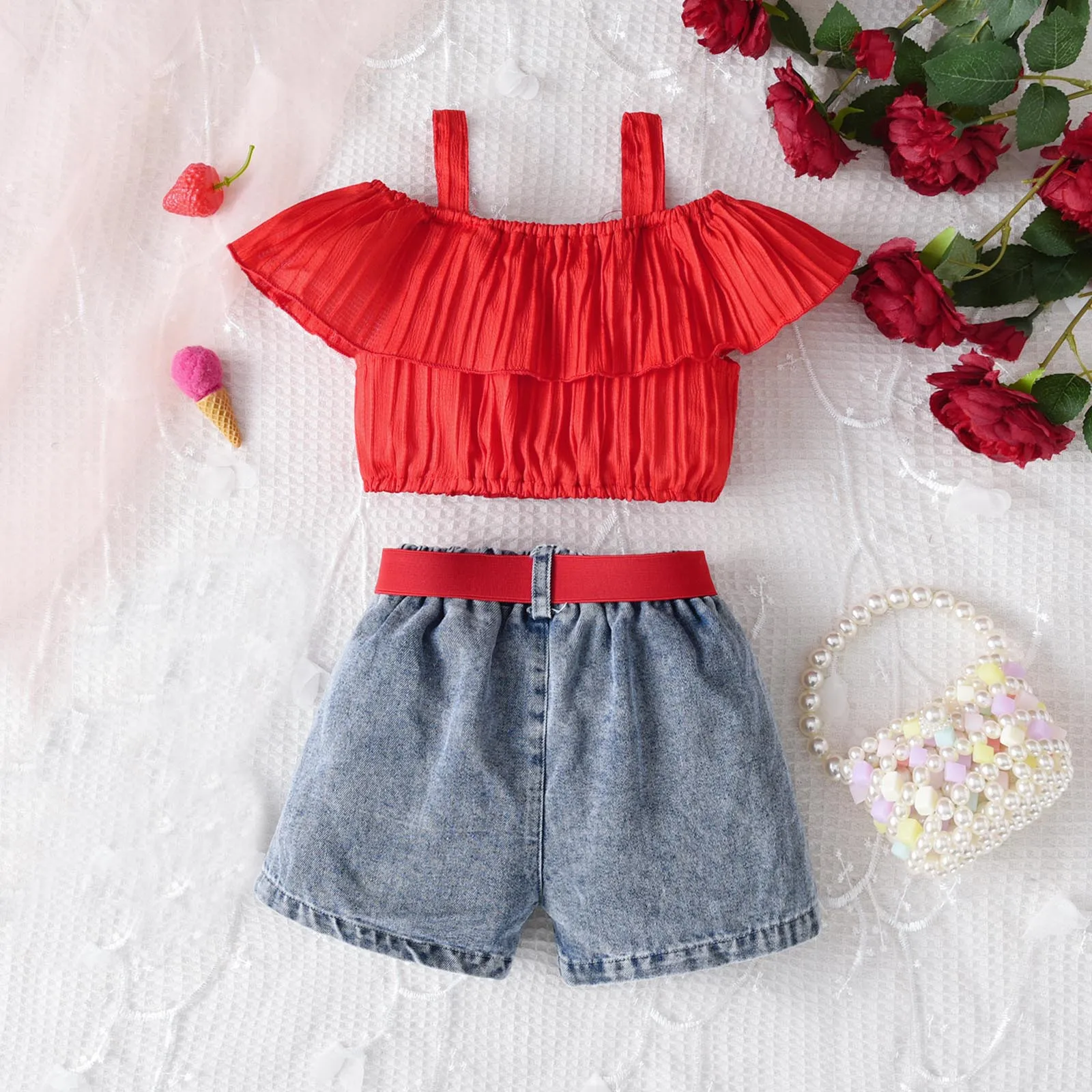 Summer 2Pcs Baby Girls Sets Newborn Clothes Pure Red Suspender+Embroidered Strawberry Printed Denim Shorts Fashion Baby Suits