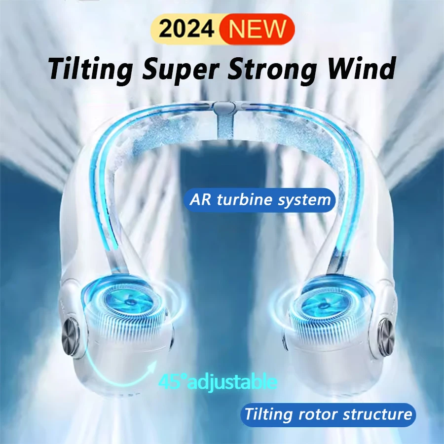 2024 New 360° Air Supply Hanging Neck Fan Portable Air Conditioner Bladeless Fan Rechargeable Air Cooler Tilting Strong Wind