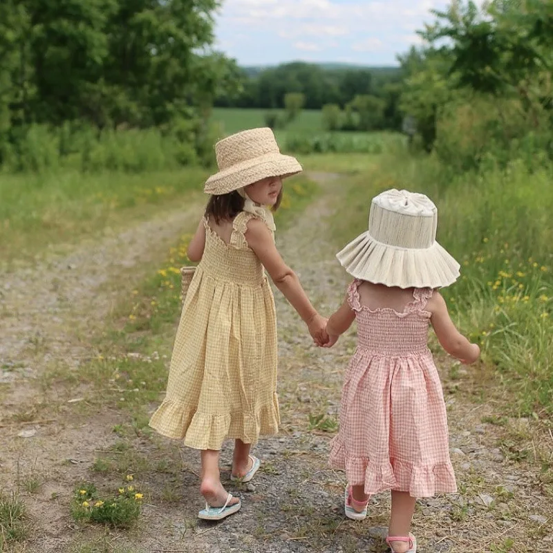 2026 Summer New Baby Girl Sleeveless Strap Dress Cute Infant Plaid Long Dress Girls Princess Dress Cotton Toddler Clothes