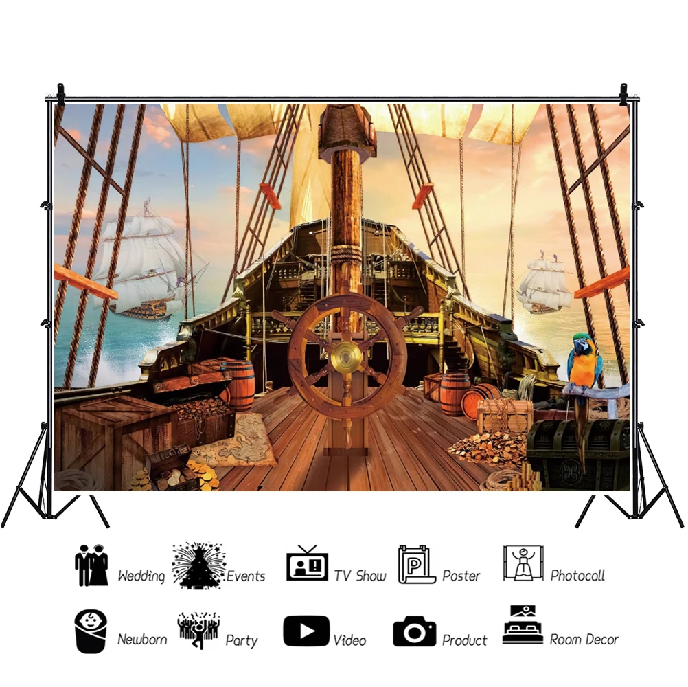 Laeacco Pirate Ship Theme Party Backdrop Marine Sailor Nautical Explore Kids Baby Shower Portrait Custom Photography Background