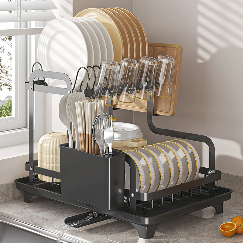 رف تجفيف الأطباق، مصفاة أطباق بطبقتين فوق الحوض، سعة كبيرة مع لوح تصريف وحامل أواني، تصريف تلقائي، غير قابل للانزلاق #3