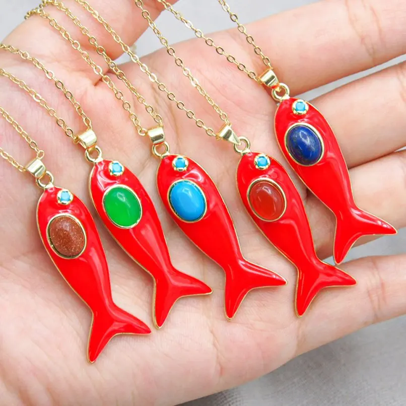 

Red Fish Marine Organism Nautical Gold Color Chain Necklace Invisible Setting Cubic Zirconia Enamel Copper