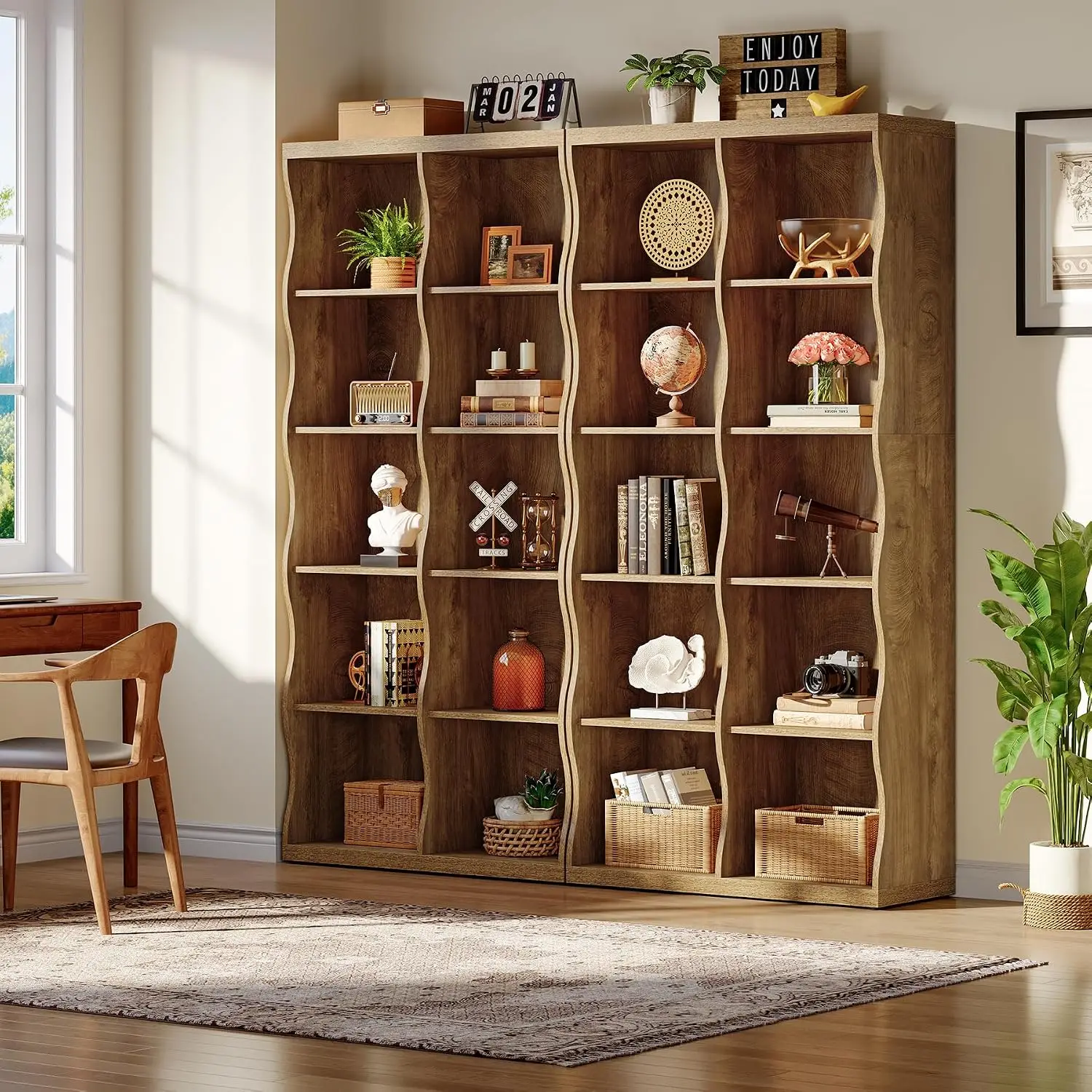 Wooden 10 Cubes Bookcase Set of 2, 5-Tier Bookshelf with Curved-Edge Design, Rustic Display Storage Organizer with Open Shelves