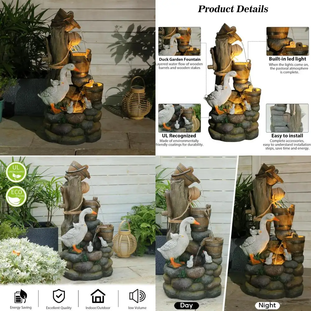 

Многоуровневый уличный фонтан с утиным и деревянным ведром, высота 31,9, светодиодная подсветка и материал ПУ