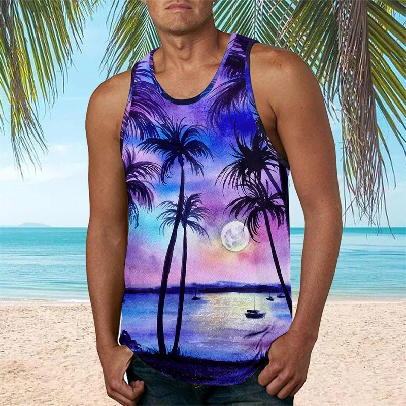 

Hawaii Dusk Print Tank Top Men's Clothing Palm Tree Pattern Vacation Casual Sleeveless Shirt 2025 Summer Outdoor Sport Men Vest
