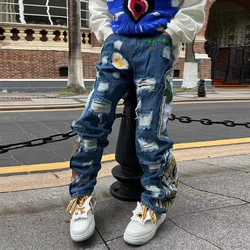 Harajuku Fashion Embroidered Patches Straight Denim Pants Hip Hop Washed Torn Jeans Black Blue Patchwork Y2k Jeans Baggy Men