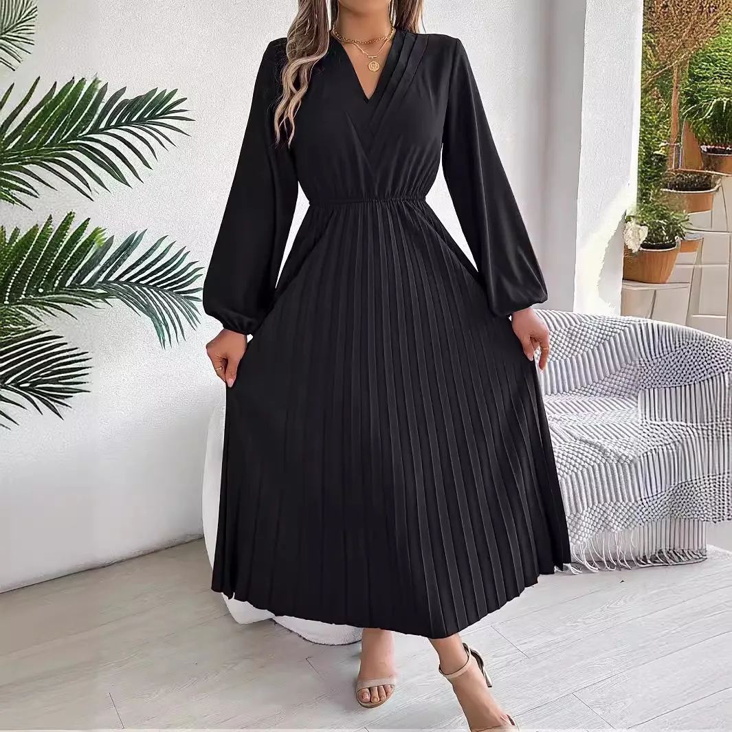 

Dress Women Elegant Long Dresses Beautiful Evening Party 2024 Autumn and Winter V-neck Long-sleeved Waist Pleated Long Skirt