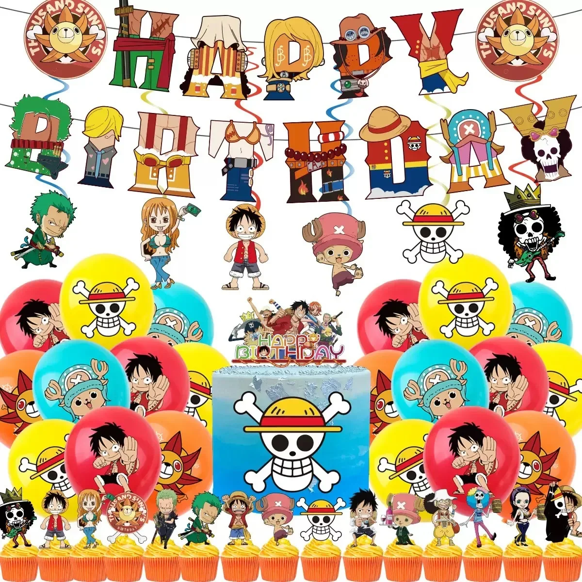 ONE PIECE Fontes para festa de aniversário Balões Bandeiras Decorações de bolo para crianças Tema de desenho animado