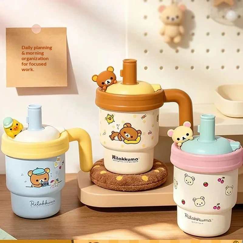 Rilakkuma Insulated Water Bottle 620ml Ceramic Liner Straw Cup Large Capacity Travel Drinking Mug For Adults