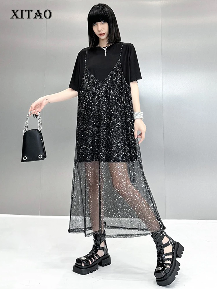 

XITAO Sequin Mesh O-neck Dress Casual Loose Fitting A-line Hong Kong Elegant Fashion Personality Summer Women Dress ZMY1235