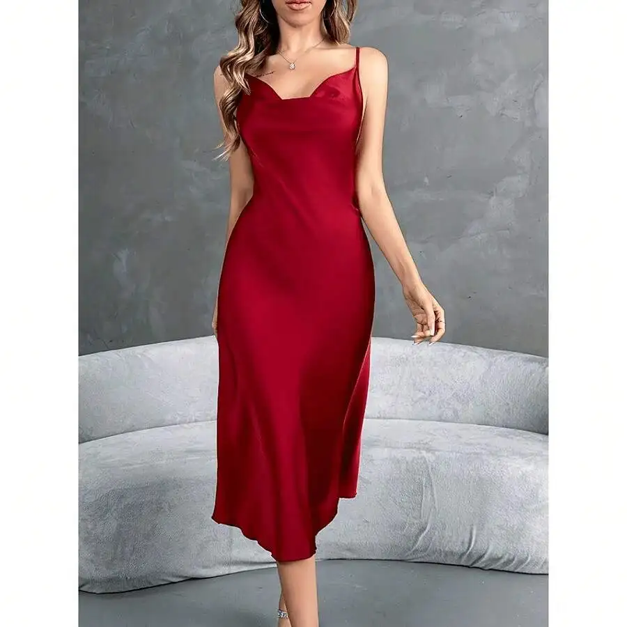 

Women Solid Satin Cowl Neck Slip Dress Elegant Loungewear Sleepwear
