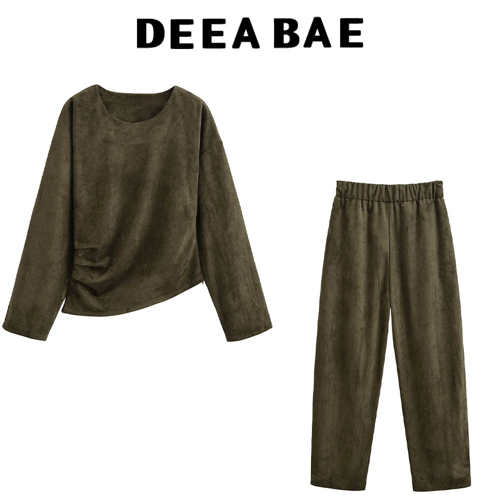 DEEABAE Autumn new women's clothing European and American style suede effect pleated top balloon version pants set