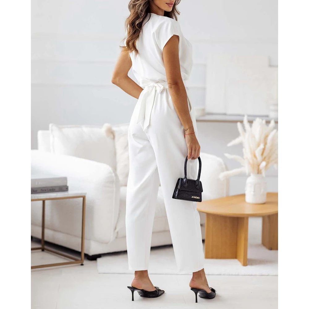 V Neck Short Sleeve Jumpsuits Women Elegant Office Lady Ruched Design Jumpsuits Summer Casual Solid Color Work One Piece Outfits