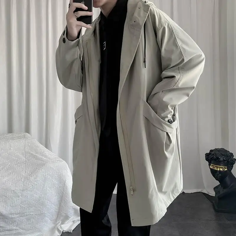 

Spring 2026 Men's Loose Fit Zipper Jacket Trendy Korean Style Casual Coat Long Sleeve Hooded Mid-Length Outerwear