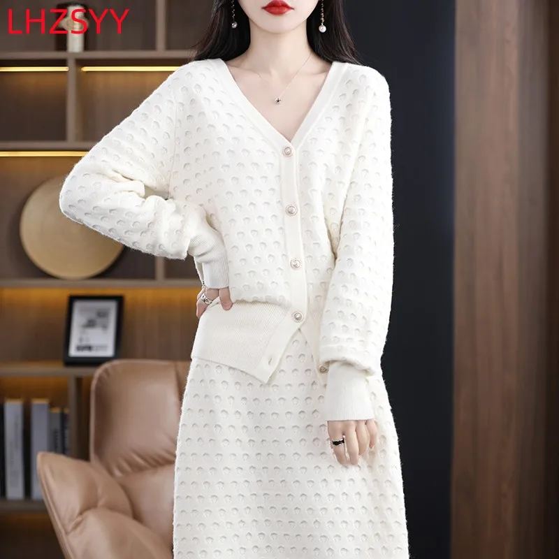 LHZSYY 2023 Spring New Cashmere Suit Women's V-Neck Cardigan Sweater Half Skirt 100% Pure Fleece Jacket Long Skirt Two-Piece Set