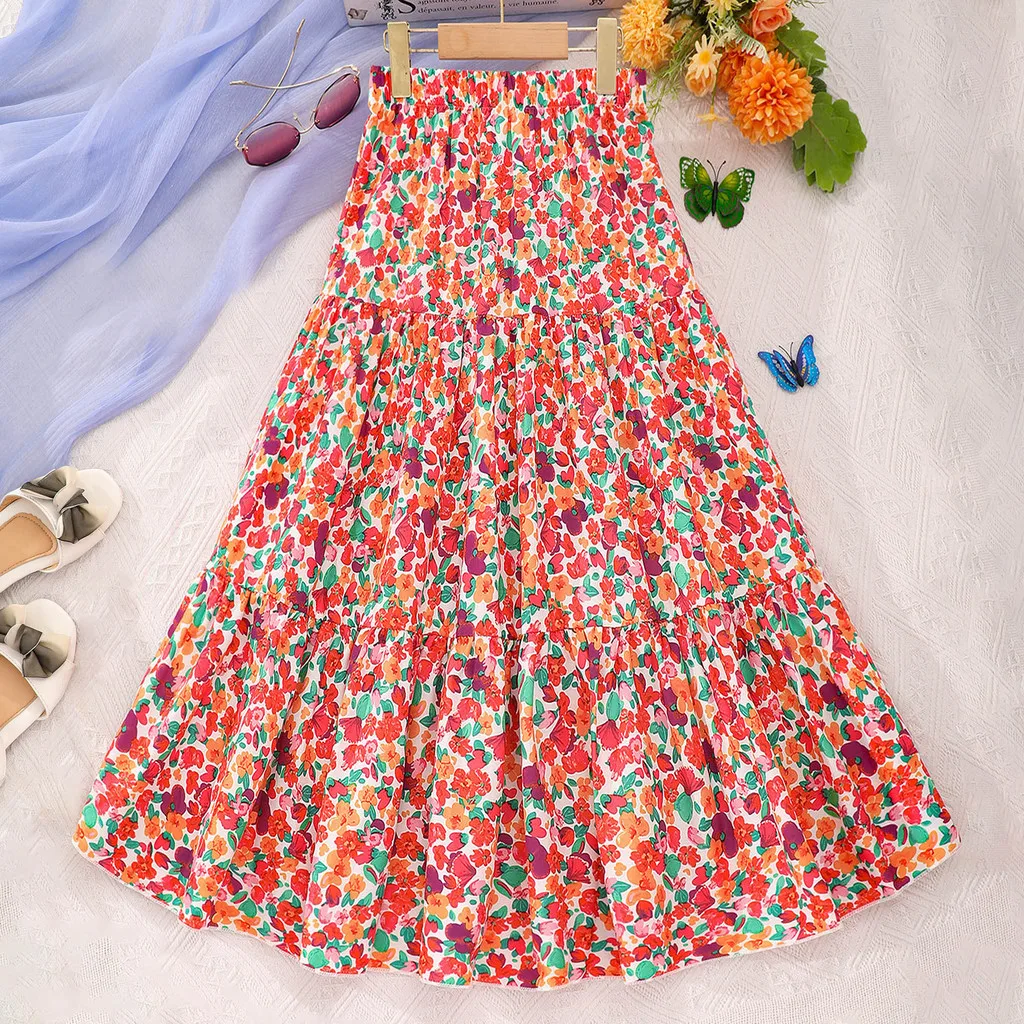 Long Skirt Teens Girl Clothes 8 9 10 11 12 Years Old Children Skirt Summer Casual Fashion Floral Butterfly A-Line Birthday Gift