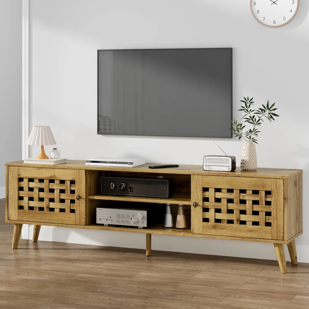 

Rattan TV Stand, Fluted TV Stand with Storage, Rattan Entertainment Center for 65 inch TV, Media Console Cabinets for