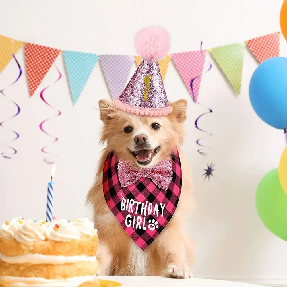 

Decorative Pet Birthday Set Adjustable Polyester Cat Birthday Hat Bow Tie Blue Dog Birthday Triangle Scarf Photograph