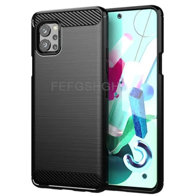 For LG Q92 5G Brushed Carbon Fiber Soft Silicone Phone Case For LG Q92 5G Magnetic Ring Stand Cover Fundas Capa